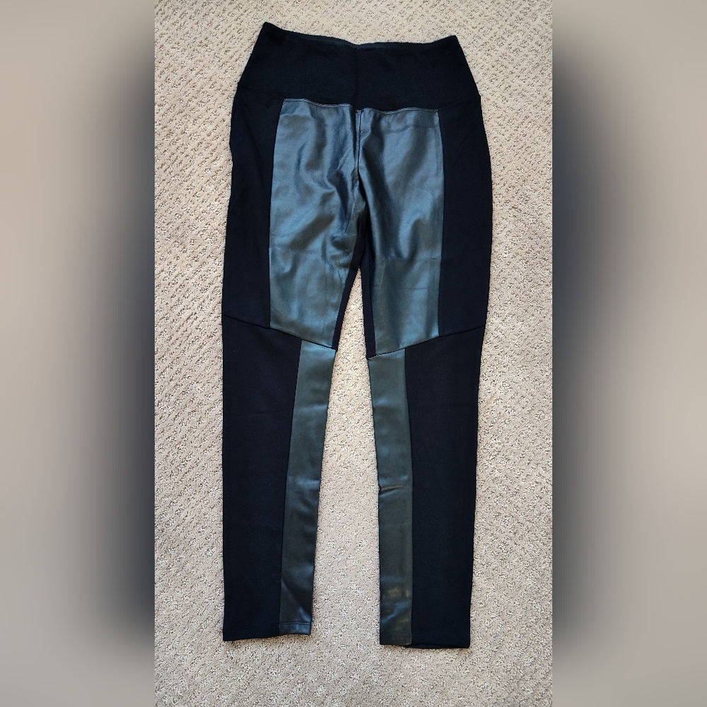 Ruby Ribbon Black Leggings With Faux Leather Accents